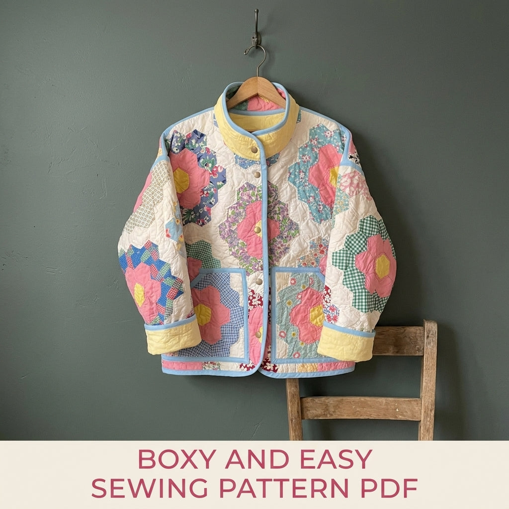 Hexagon Flower Garden Quilt Jacket Sewing Pattern PDF – Upcycled Quilt Coat