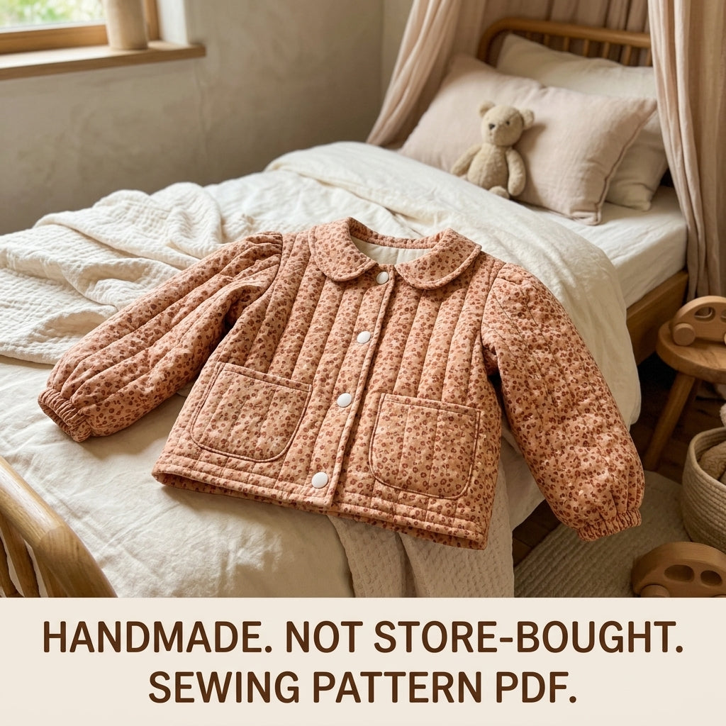Children's Quilted Collar Jacket Sewing Pattern PDF – Girls' Collar Jacket with Puff Sleeves and Patch Pockets