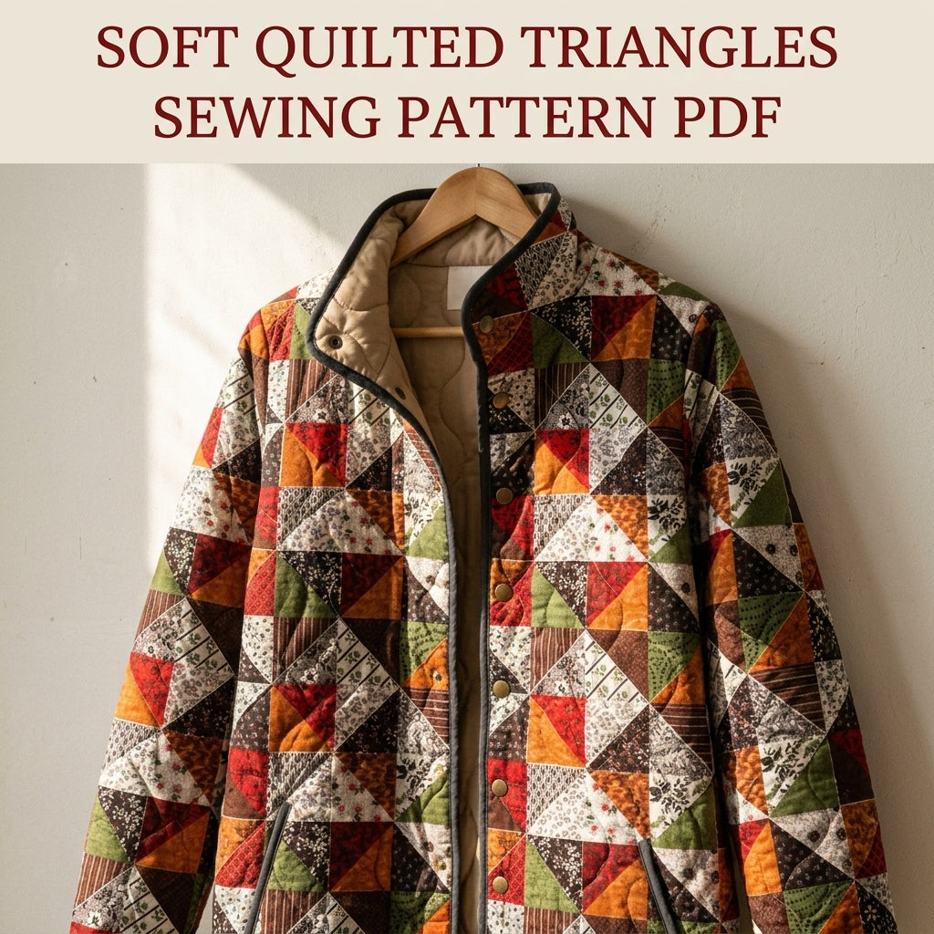 Triangle Patchwork Quilted Jacket Sewing Pattern PDF – Half-Square Triangle Quilt Coat with Stand Collar