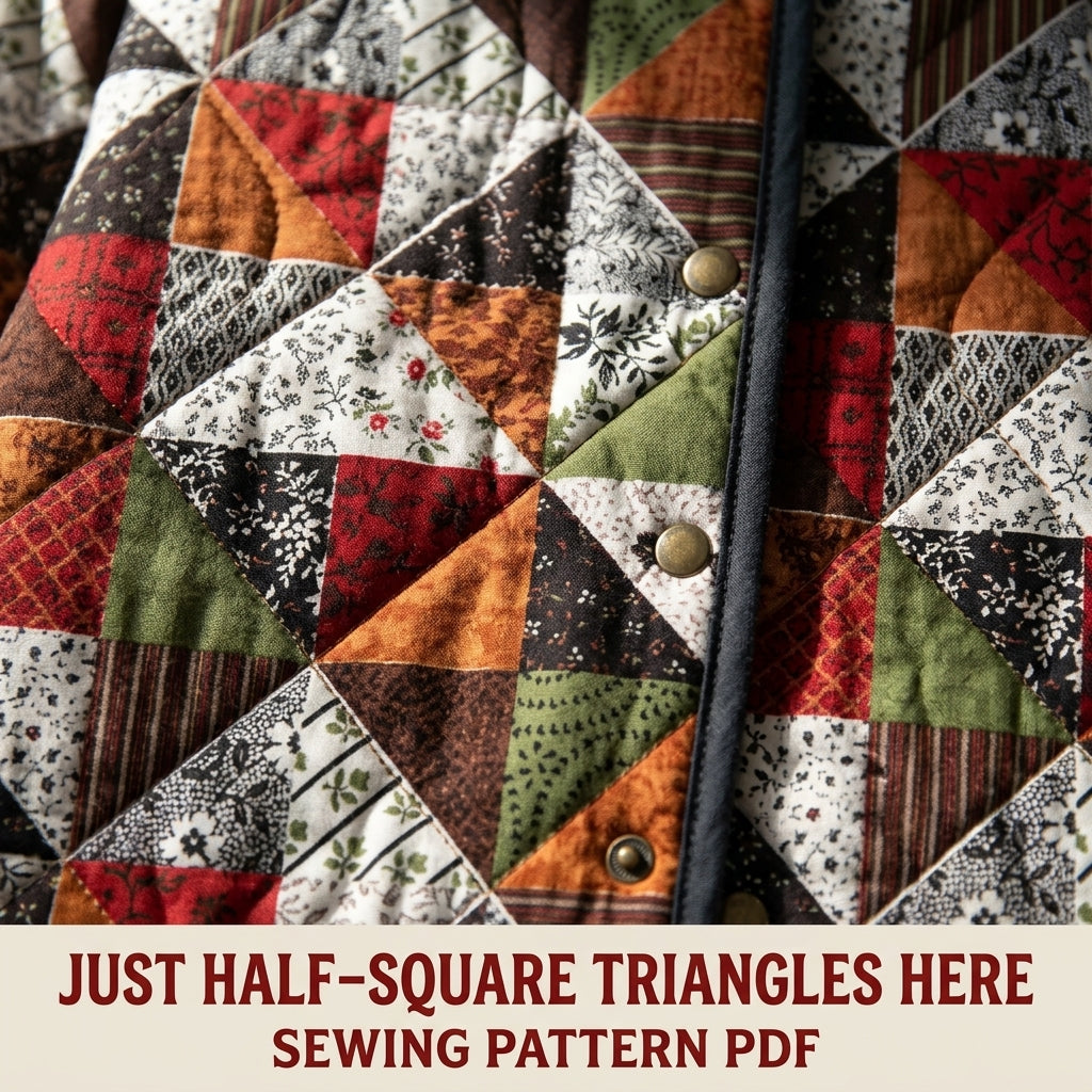 Triangle Patchwork Quilted Jacket Sewing Pattern PDF – Half-Square Triangle Quilt Coat with Stand Collar