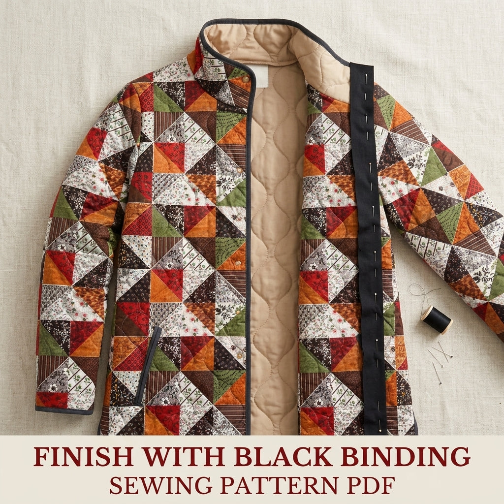 Triangle Patchwork Quilted Jacket Sewing Pattern PDF – Half-Square Triangle Quilt Coat with Stand Collar