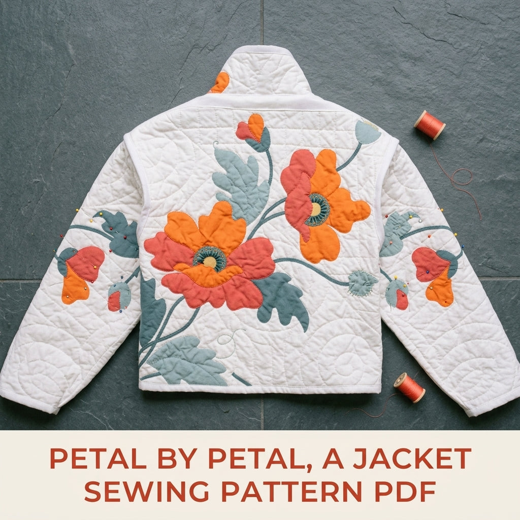 Poppy Appliqué Quilted Jacket Sewing Pattern PDF – White Quilt Jacket with Flower Back