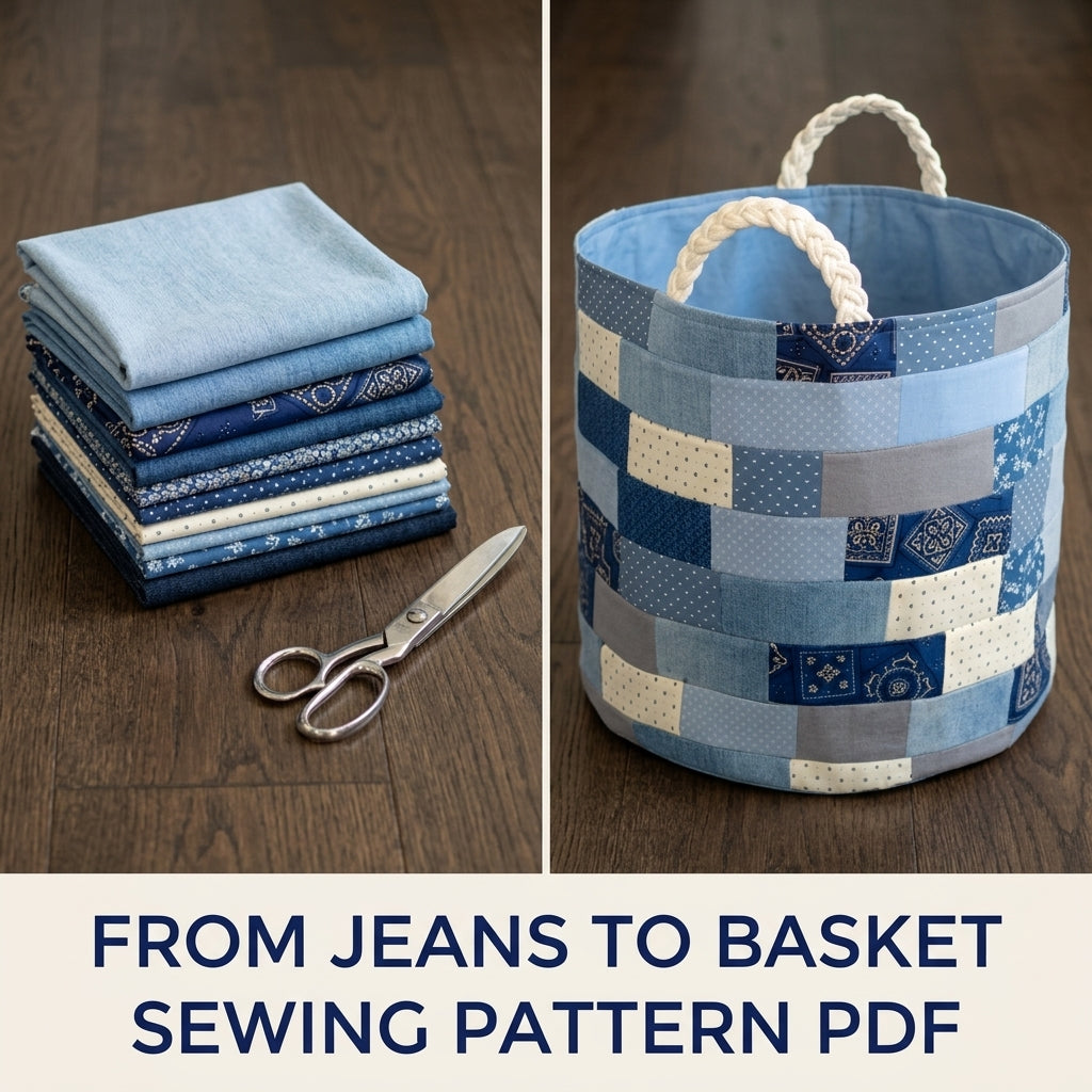 Denim Brick Patchwork Basket Sewing Pattern PDF – Upcycled Jeans Storage Bin