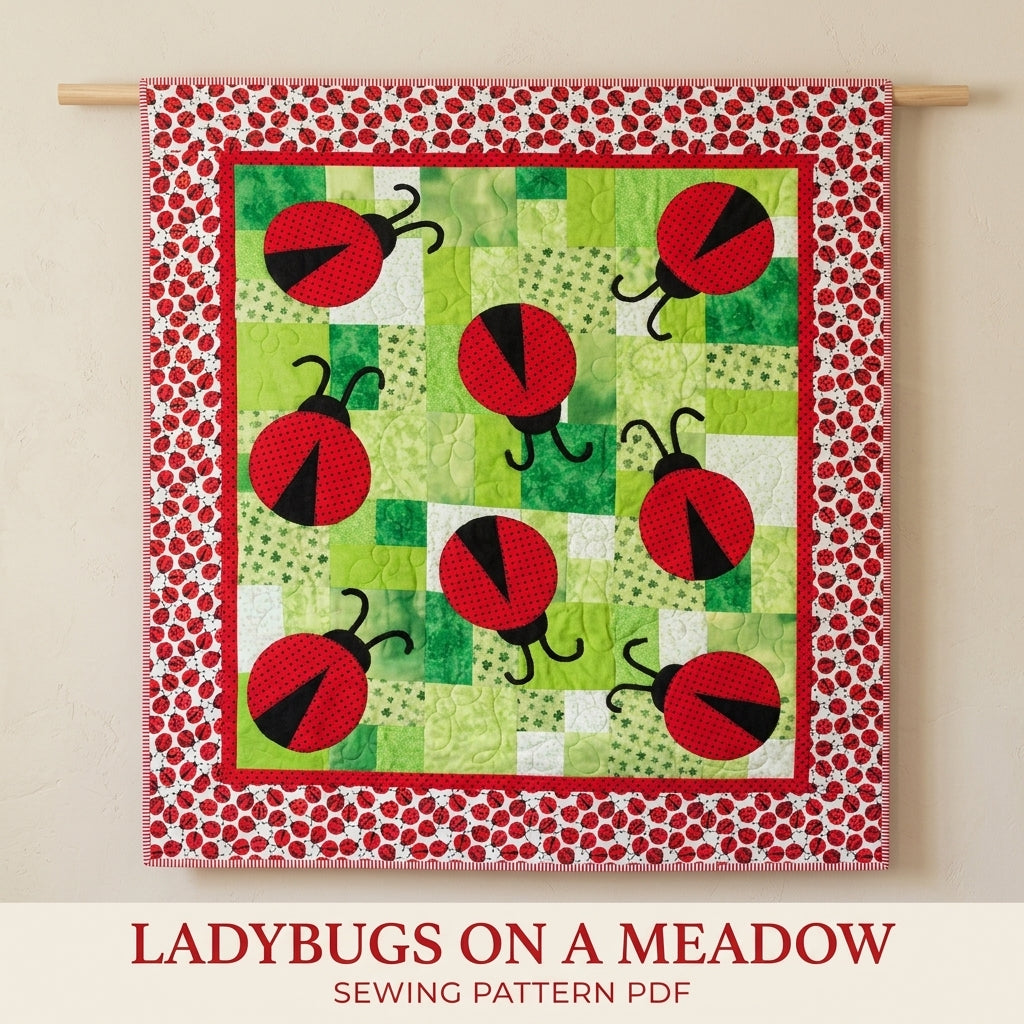 Ladybug Meadow Quilt Sewing Pattern PDF – Appliqué Ladybug Quilt on Green Patchwork