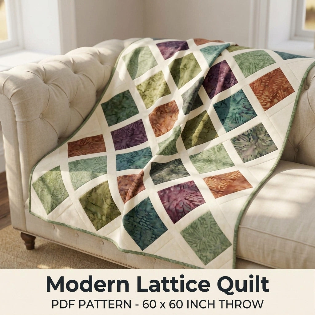 Modern Lattice Quilt Pattern PDF – Square Throw Quilt with Batik Blocks and Cream Sashing