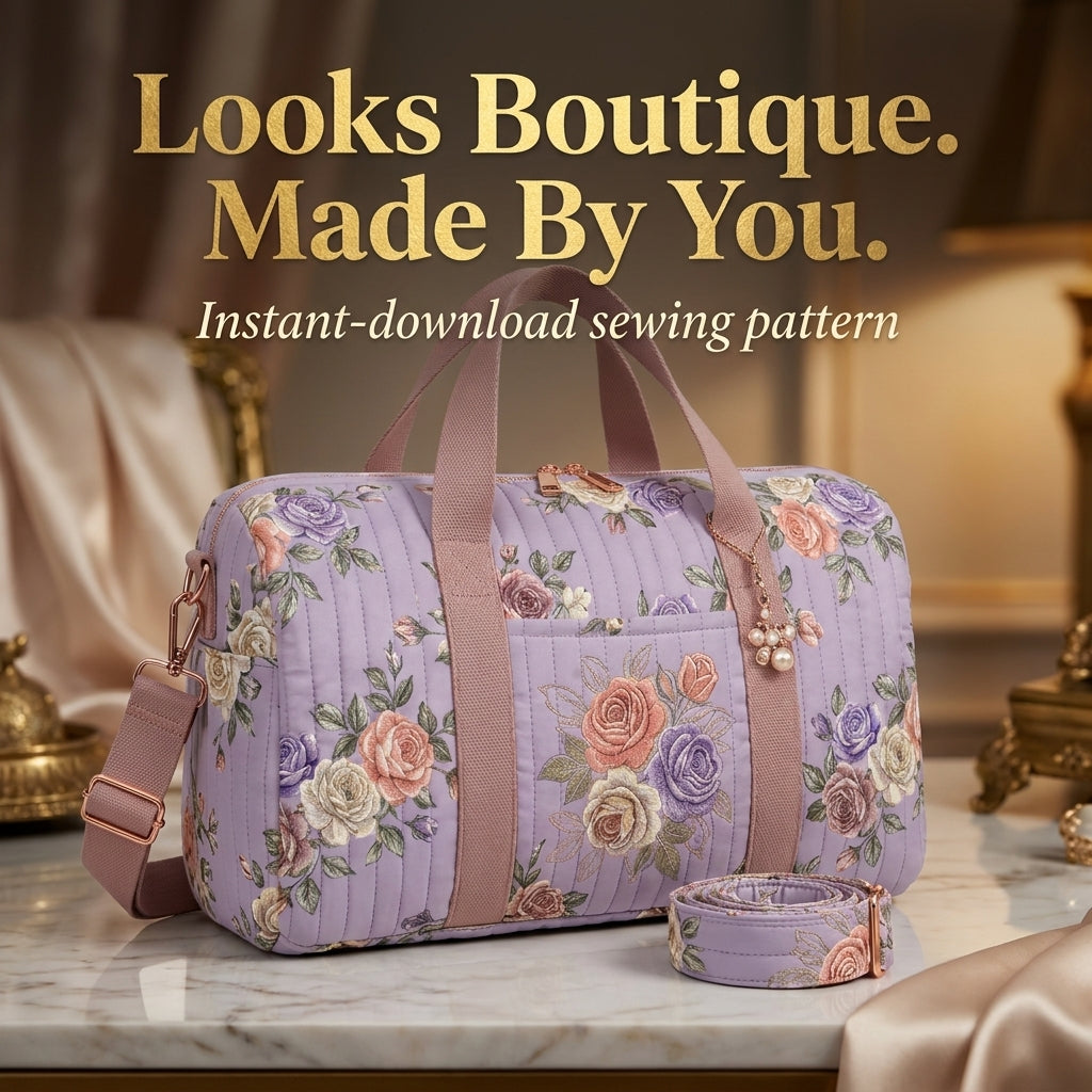 Quilted Duffle Bag Sewing Pattern — Weekender with Detachable Strap and Side Pockets, PDF Download
