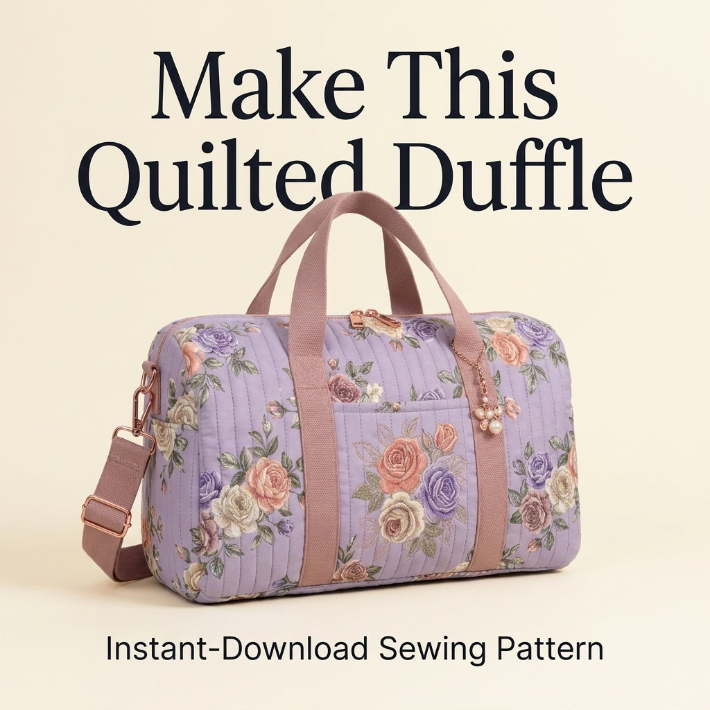 Quilted Duffle Bag Sewing Pattern — Weekender with Detachable Strap and Side Pockets, PDF Download