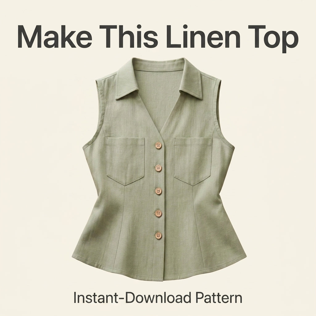 Sleeveless Linen Shirt Top Sewing Pattern — Fitted Button-Front Blouse with Patch Pockets, Sizes XS–3XL, A0 and A4 Layered PDF