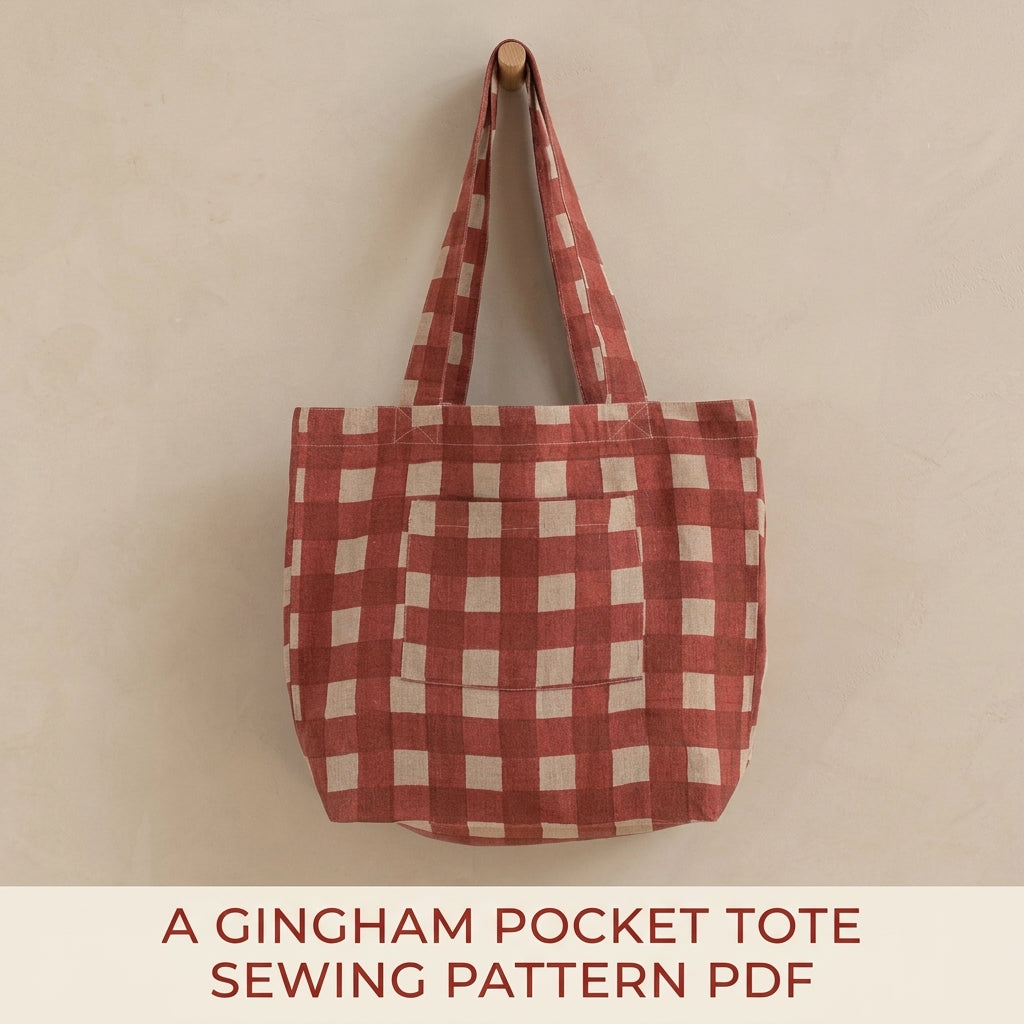 Gingham Tote Bag Sewing Pattern PDF – Linen Tote with Patch Pocket