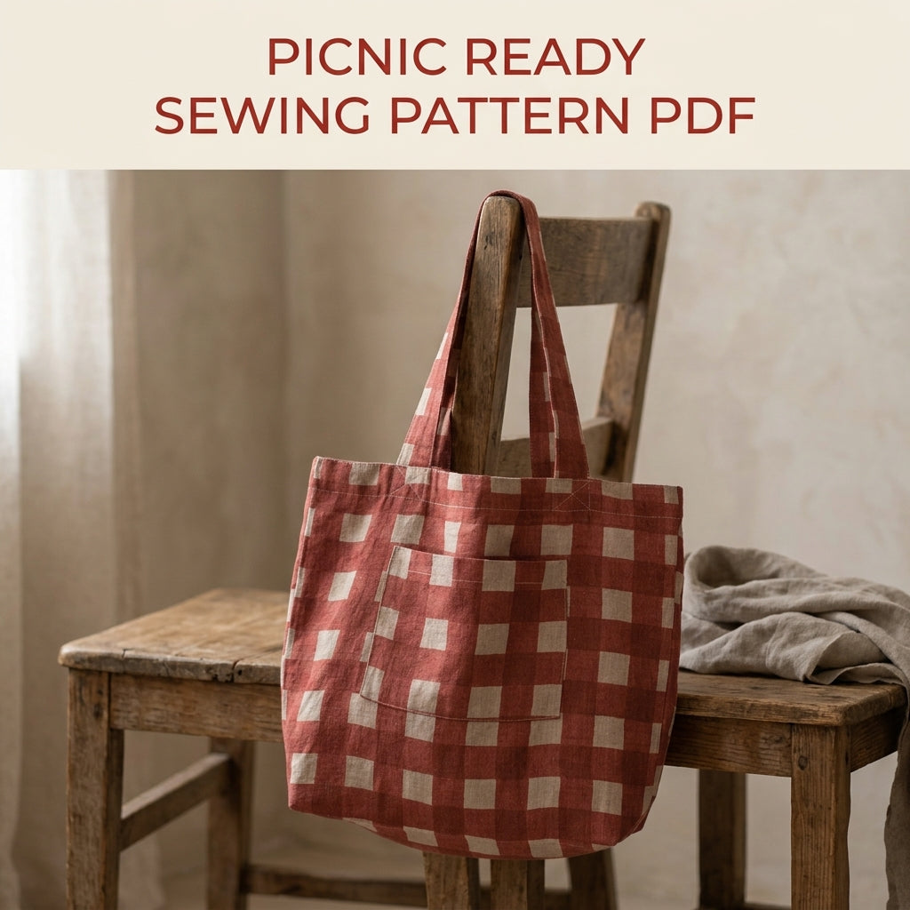 Gingham Tote Bag Sewing Pattern PDF – Linen Tote with Patch Pocket