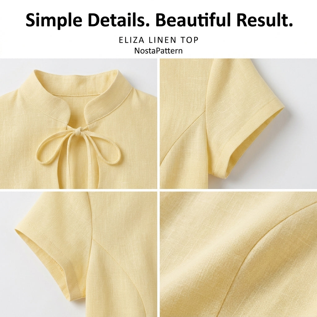 Fitted Top Sewing Pattern — Mandarin Collar Blouse with Keyhole Tie and Cap Sleeves, Sizes XS–3XL, A0 and A4 Layered PDF