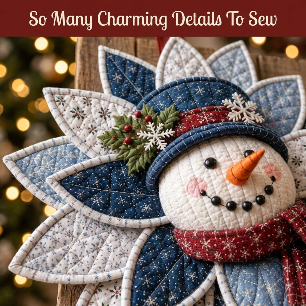 Christmas Door Hanger Sewing Pattern — Folded Fabric Snowman Wreath, No-Quilting Method, PDF Download