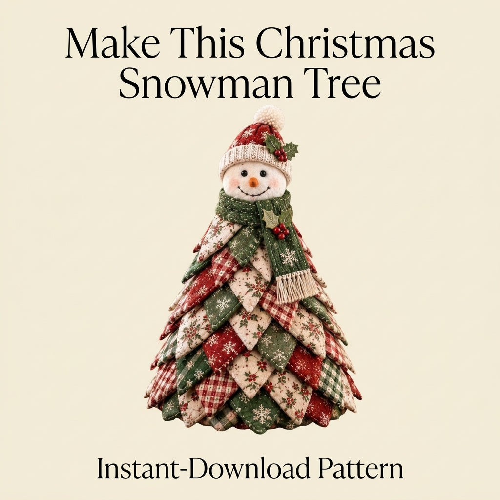 Folded Fabric Christmas Tree Sewing Pattern — Standing Snowman Cone Tree, No-Sew Petal Method, PDF Download