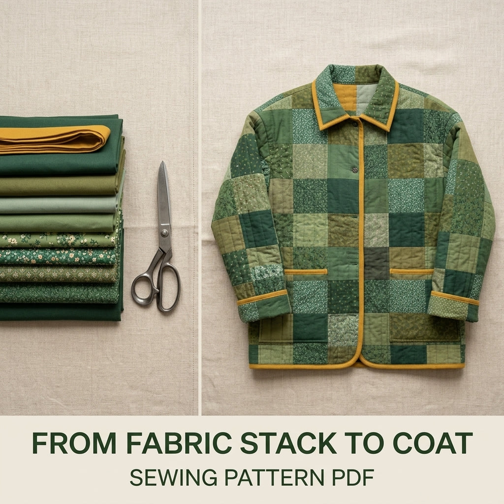Quilted Patchwork Chore Coat Sewing Pattern PDF – Boxy Hip-Length Quilt Coat with Collar and Patch Pockets