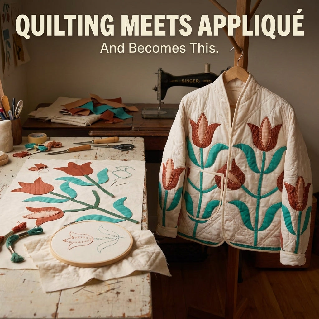 Zip-Front Quilt Jacket Sewing Pattern — Patchwork Bomber with Stand Collar and Shaped Pockets, Sizes XS–3XL, A0 and A4 PDF