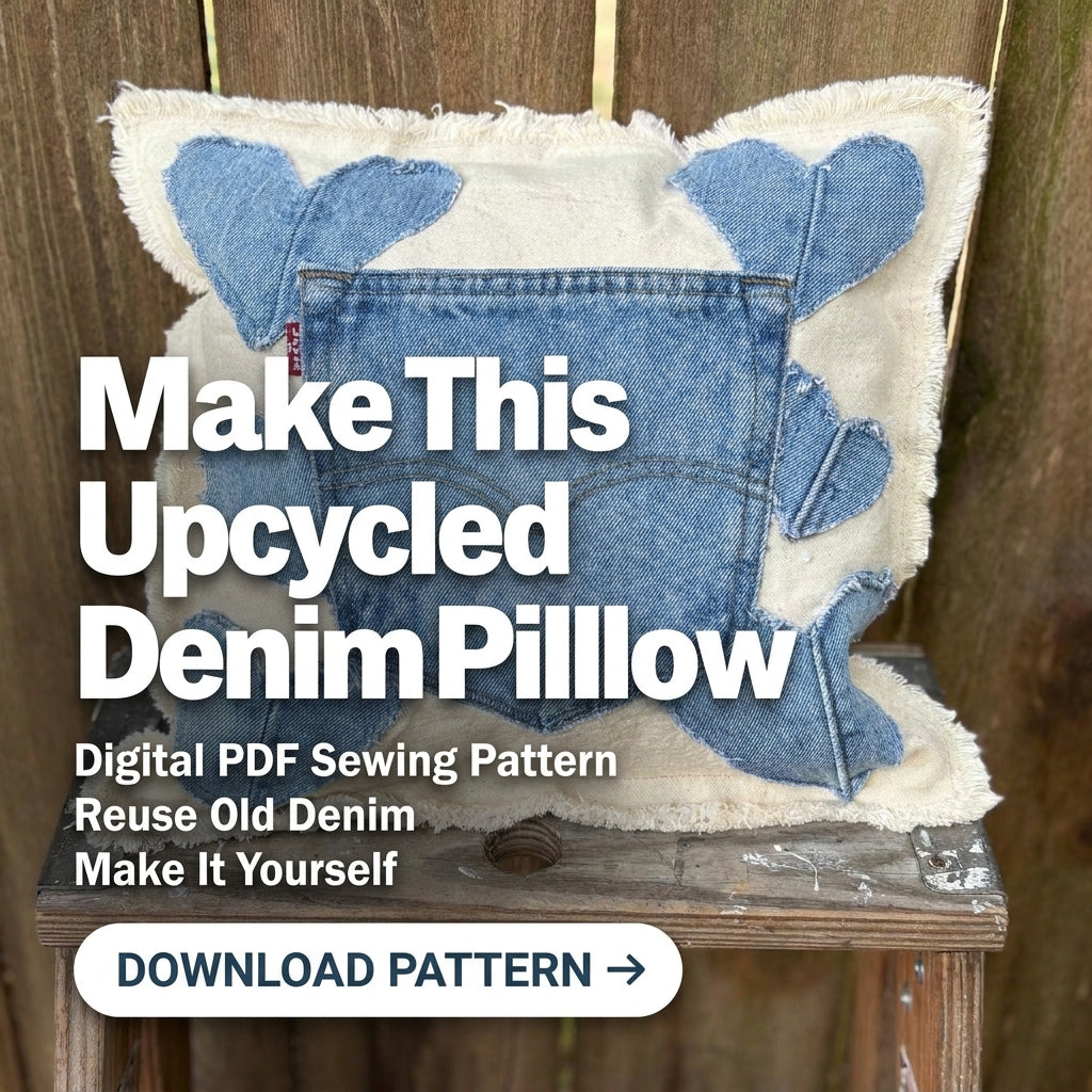 Upcycled Denim Heart Pillow Pattern | Jeans Pocket & Appliqué Hearts on Raw Canvas | Beginner Sewing Project | PDF Instant Download