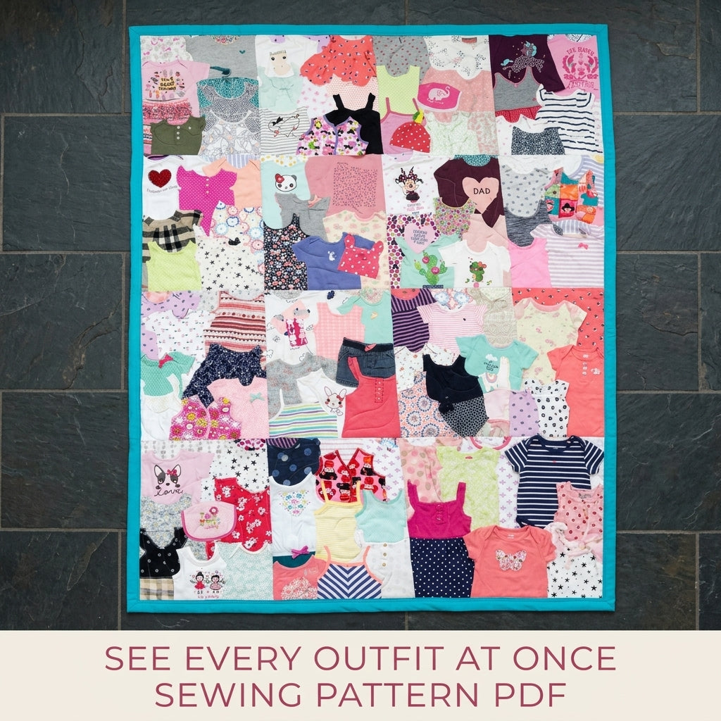 Teal Border Onesie Memory Quilt Sewing Pattern PDF – Baby Clothes Keepsake Quilt with Teal Border