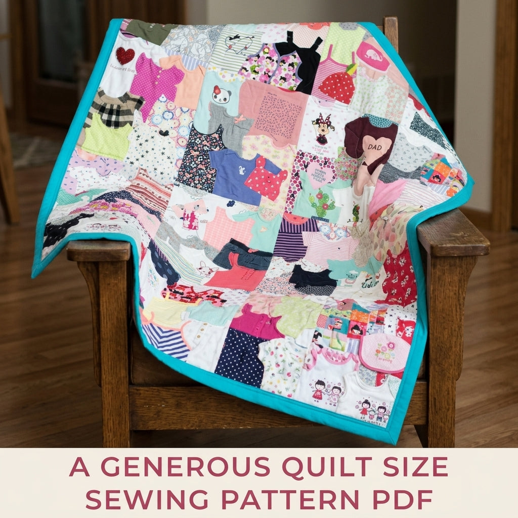 Teal Border Onesie Memory Quilt Sewing Pattern PDF – Baby Clothes Keepsake Quilt with Teal Border