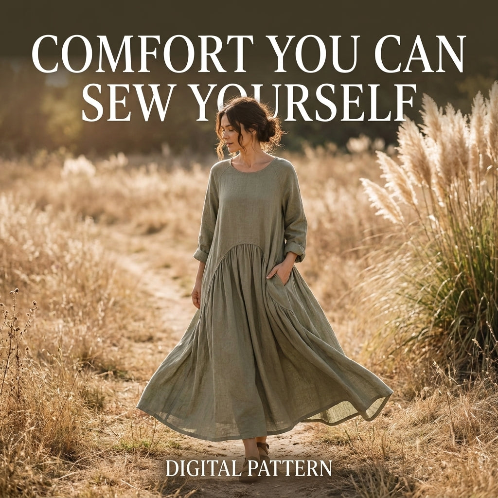Boho Maxi Dress Sewing Pattern — Oversized Linen Dress with Deep Pockets, No Zips or Buttons, US 6–28W, A0 and A4 PDF