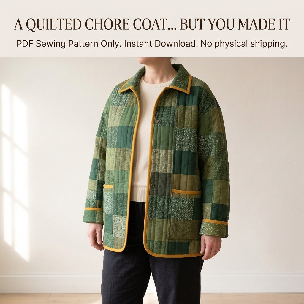 Quilted Patchwork Chore Coat Sewing Pattern PDF – Boxy Hip-Length Quilt Coat with Collar and Patch Pockets