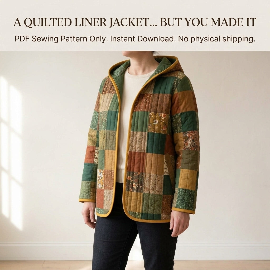 Hooded Quilted Jacket Sewing Pattern PDF – Patchwork Liner Jacket with Vintage Florals and Bias Binding