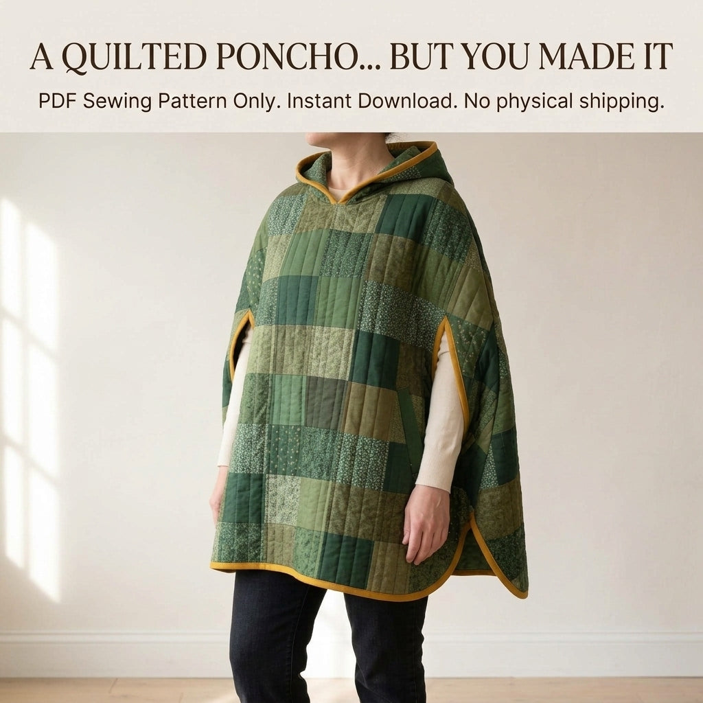 Quilted Poncho Sewing Pattern PDF – Hooded Patchwork Pullover Poncho with Arm Slits and Bias Binding