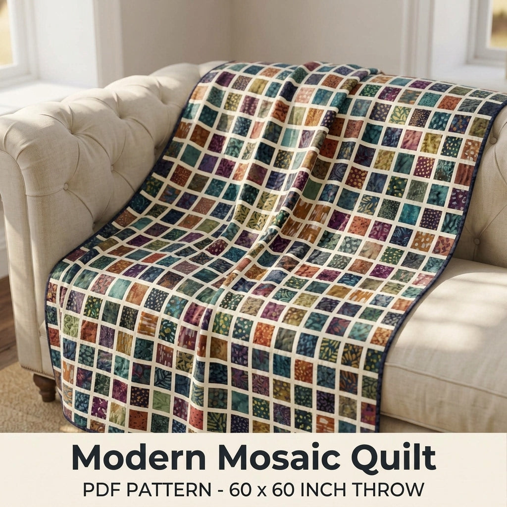 Modern Mosaic Quilt Pattern PDF – Small Squares Throw Quilt with Narrow Sashing for Batik Fabrics