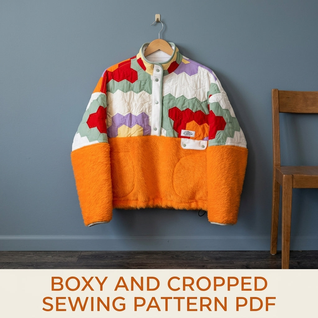 Hexagon Quilt Fleece Pullover Sewing Pattern PDF – Cropped Quilted Yoke Sweater