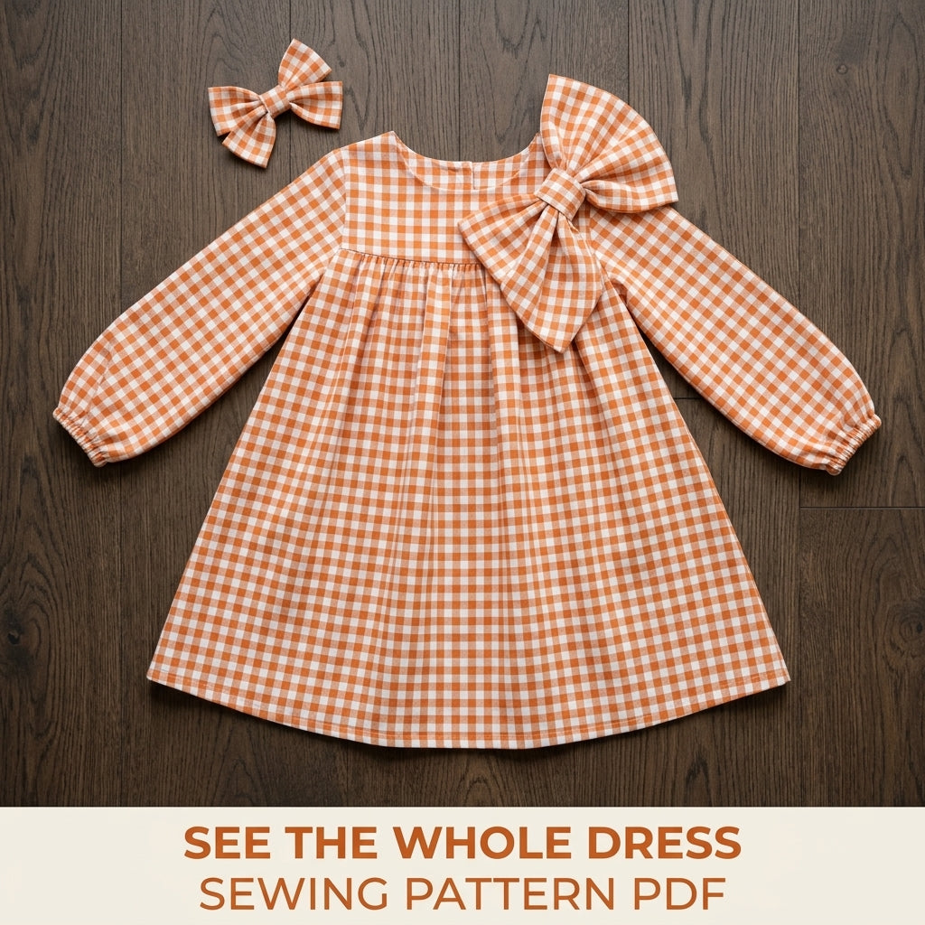 Girls Gingham Bow Dress Sewing Pattern PDF – Gingham Dress with Big Bow
