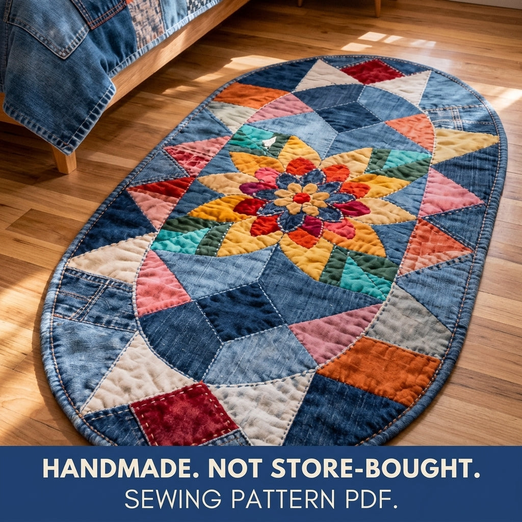 Denim Star Flower Rug Sewing Pattern PDF – Oval Patchwork Rug from Old Jeans