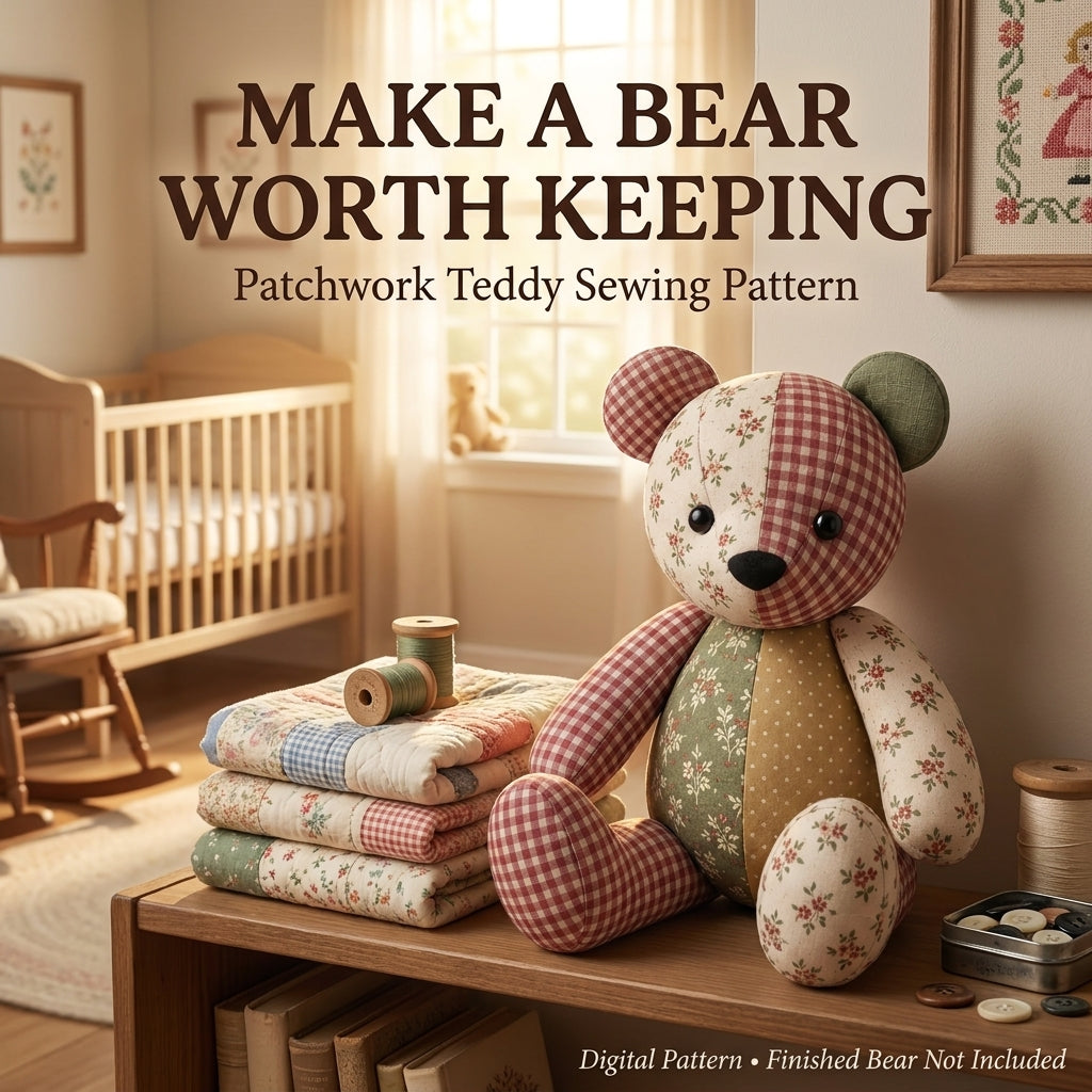 Patchwork Teddy Bear PDF Sewing Pattern | Memory Bear from Keepsake Fabrics | Jointed-Look Sitting Bear | Instant Download