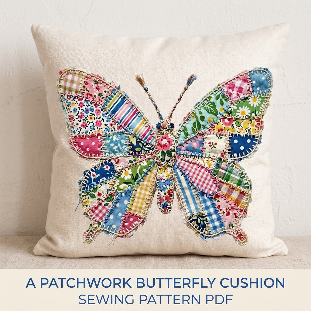 Patchwork Butterfly Appliqué Cushion Sewing Pattern PDF – Scrappy Pillow