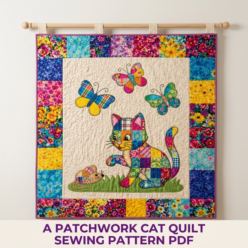 Patchwork Cat and Butterflies Quilt Sewing Pattern PDF – Scrappy Appliqué Quilt