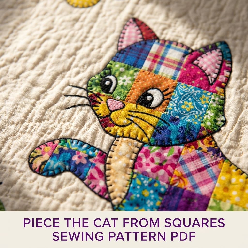 Patchwork Cat and Butterflies Quilt Sewing Pattern PDF – Scrappy Appliqué Quilt