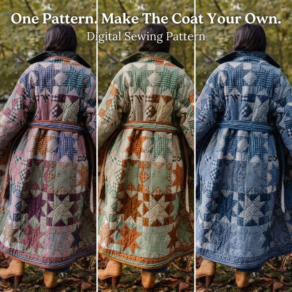 Quilt Coat Sewing Pattern – Long Belted Patchwork Star Coat