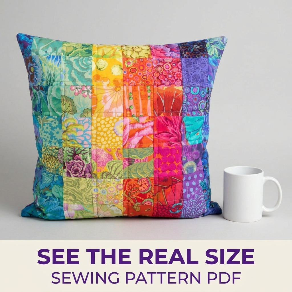 Rainbow Squares Cushion Sewing Pattern PDF – Bold Print Patchwork Pillow
