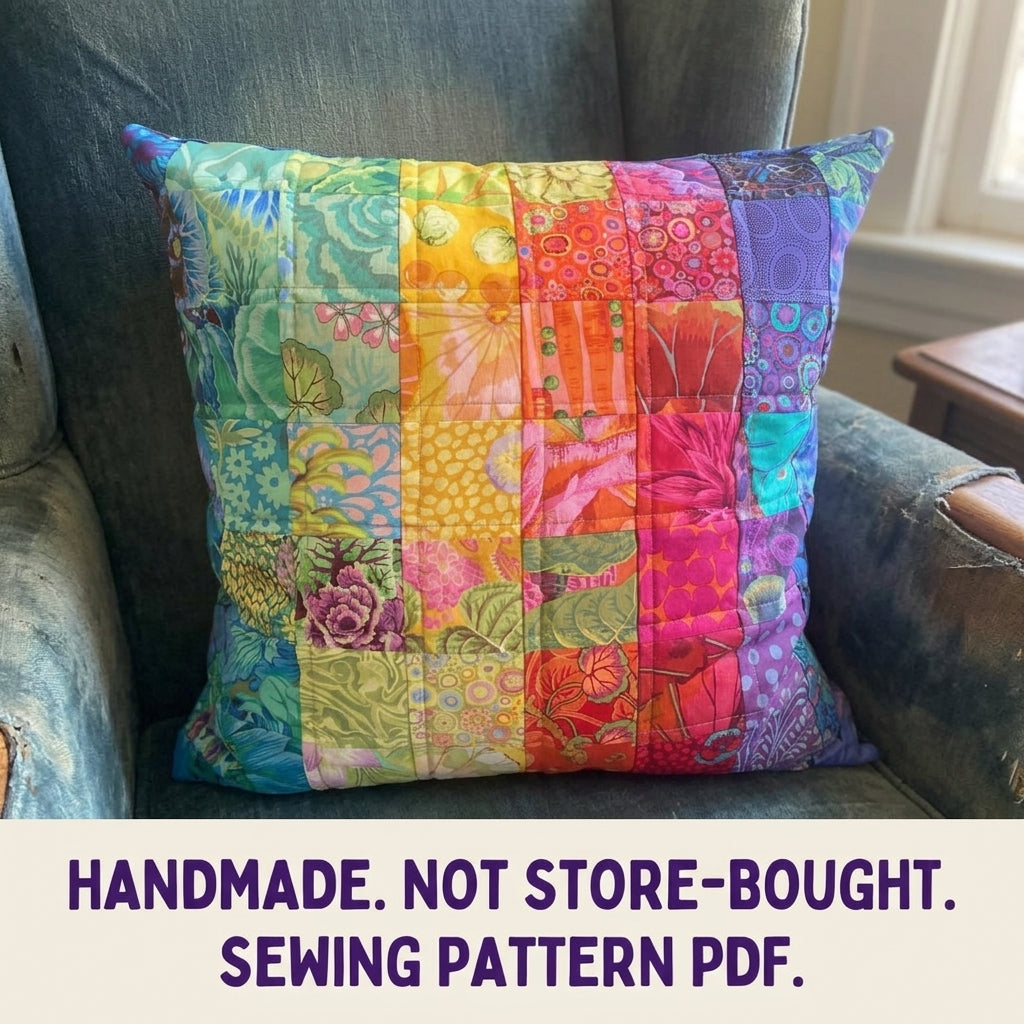 Rainbow Squares Cushion Sewing Pattern PDF – Bold Print Patchwork Pillow