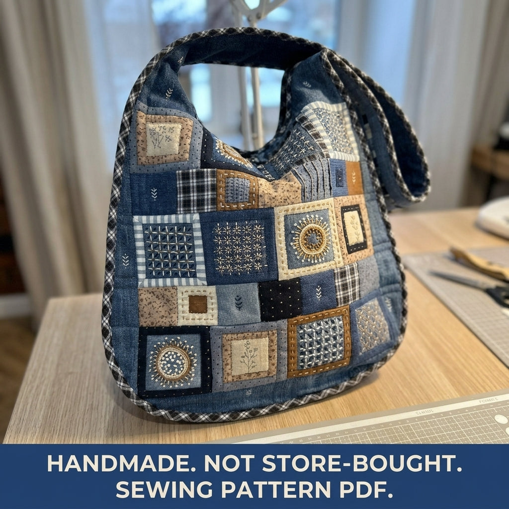Embroidered Denim Hobo Bag Sewing Pattern PDF – Patchwork Bag with Hand Embroidery