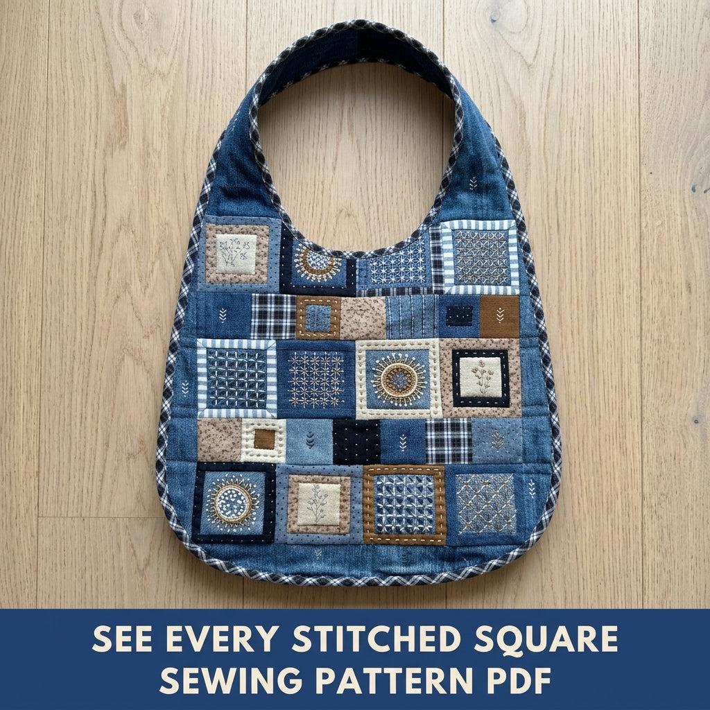 Embroidered Denim Hobo Bag Sewing Pattern PDF – Patchwork Bag with Hand Embroidery