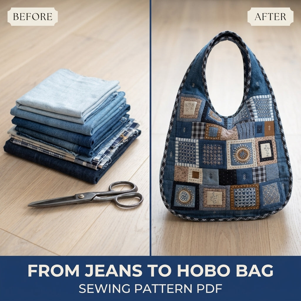Embroidered Denim Hobo Bag Sewing Pattern PDF – Patchwork Bag with Hand Embroidery