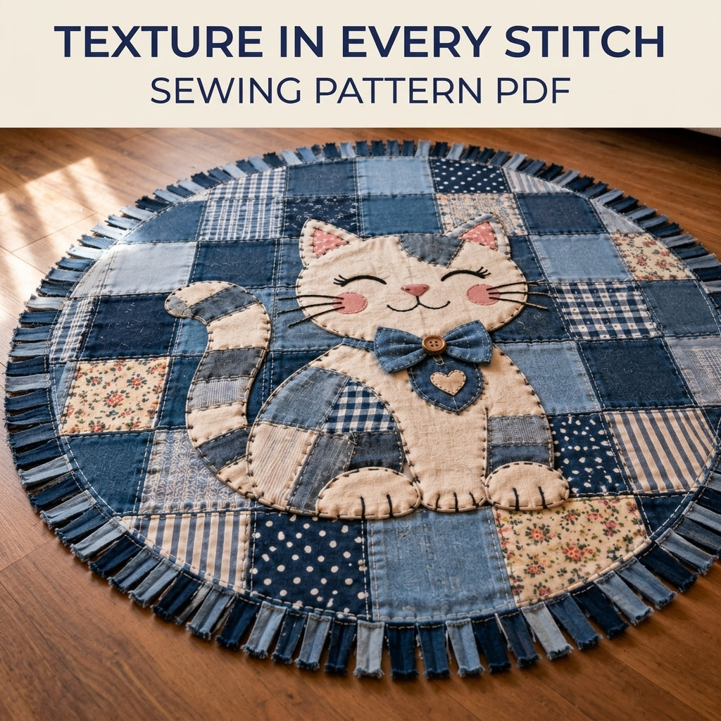 Denim Patchwork Cat Round Rug Sewing Pattern PDF – Upcycled Jeans Cat Rug