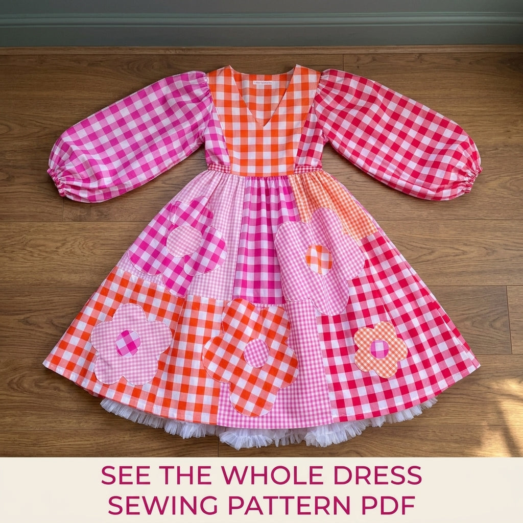 Gingham Flower Patchwork Dress Sewing Pattern PDF – Balloon Sleeve Midi Dress