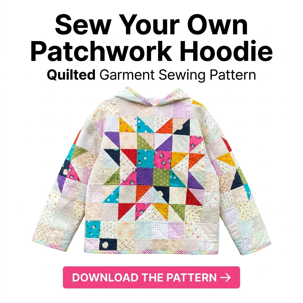 Quilted Hoodie Sewing Pattern — Pullover Patchwork Hoodie with Star Block, Sizes XS–3XL, A0 and A4 PDF
