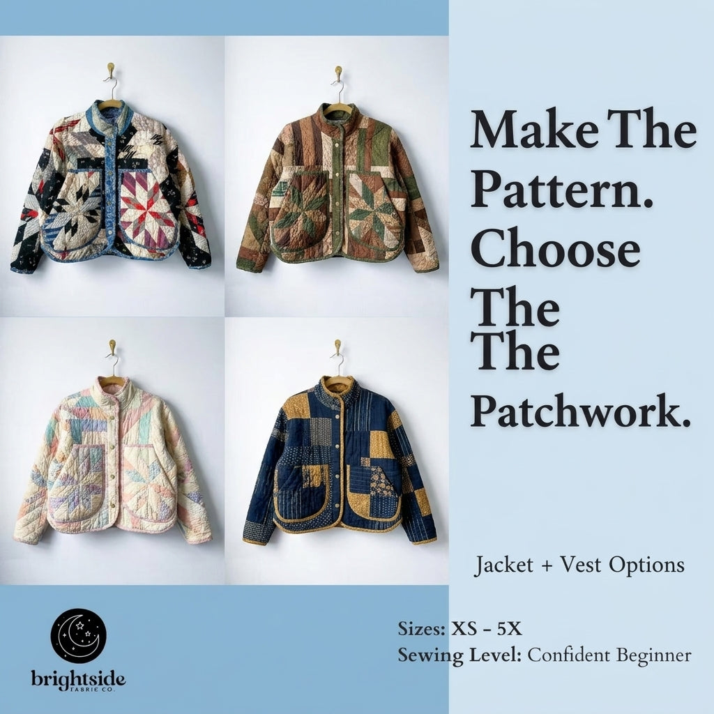 Quilt Jacket and Vest Sewing Pattern — 3 Versions in One PDF, Hooded, Collared or Sleeveless, Sizes XS–5X, A0 and A4 PDF