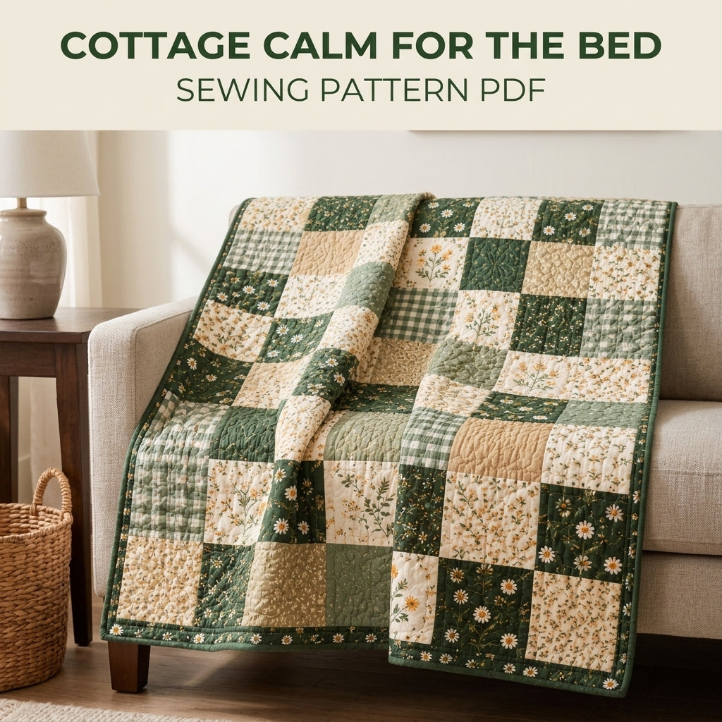 Green Meadow Patchwork Quilt Sewing Pattern PDF – Easy Squares Green Floral Quilt