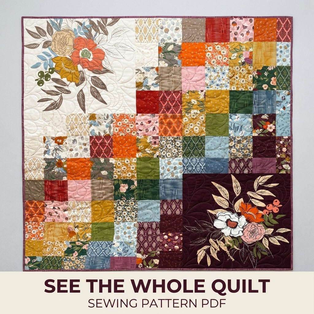 Floral Panel Patchwork Quilt Sewing Pattern PDF – Easy Squares Quilt with Large Print Blocks