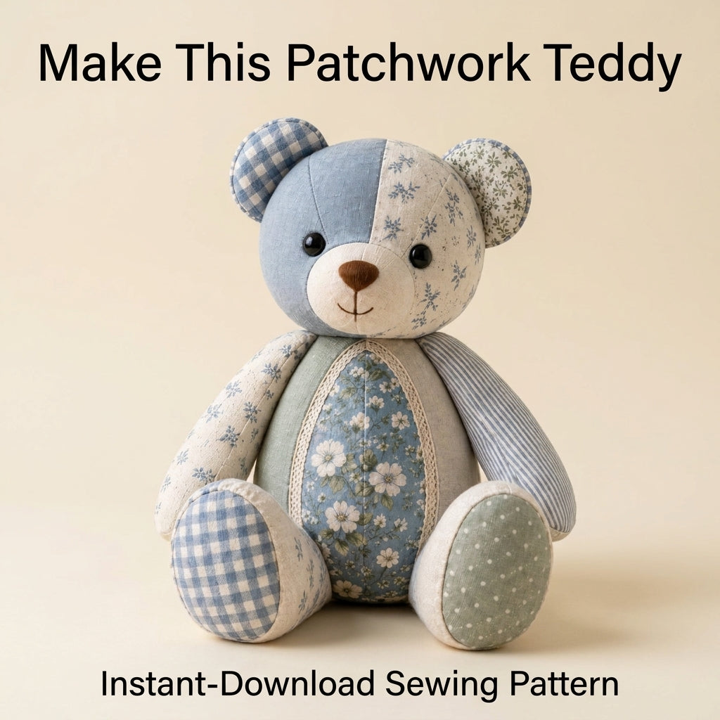 Memory Bear Sewing Pattern — Patchwork Teddy Made From Keepsake Fabrics, Full-Size Templates, PDF Download