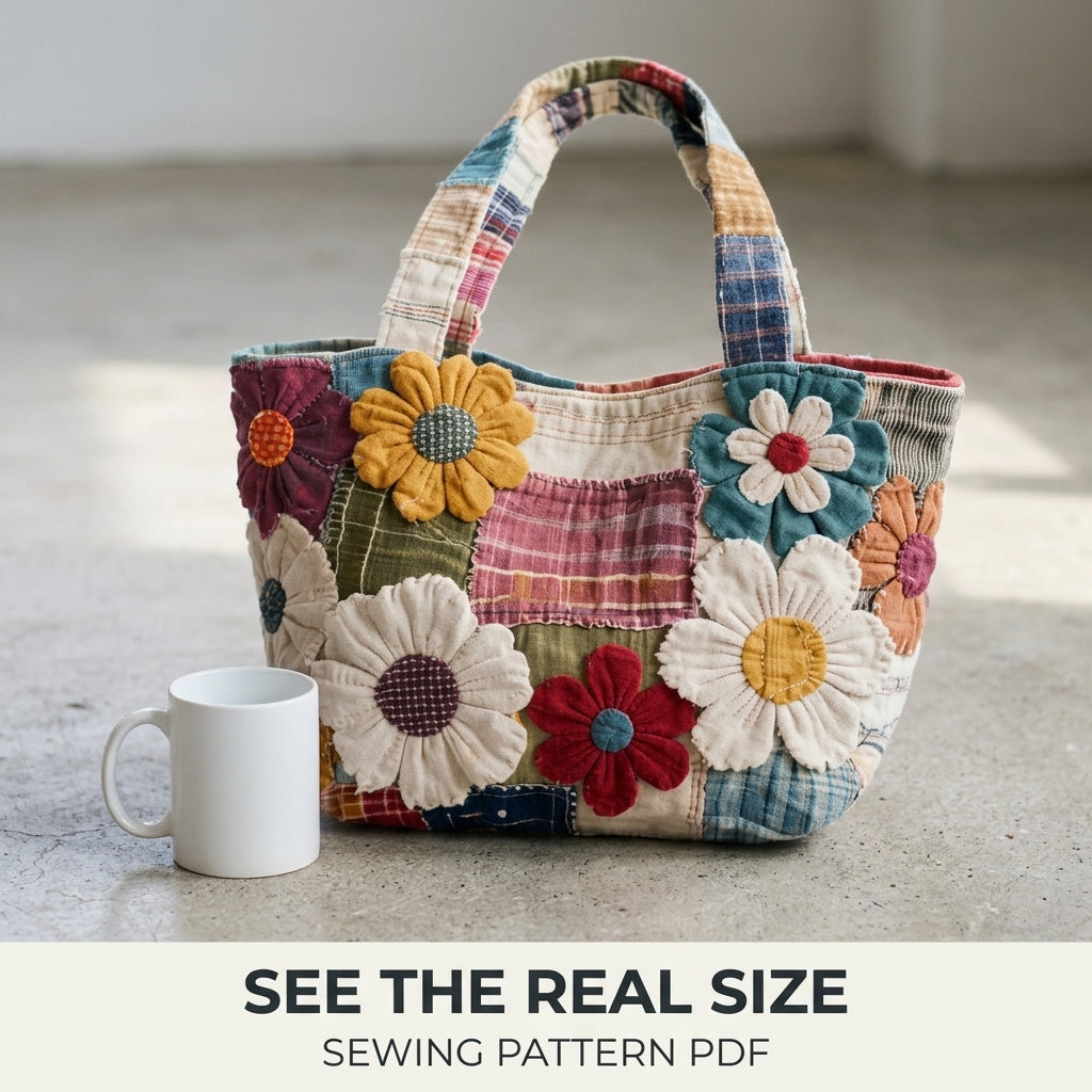 Daisy Garden Rag Patchwork Tote Sewing Pattern PDF – Boho Fabric Flower Bag