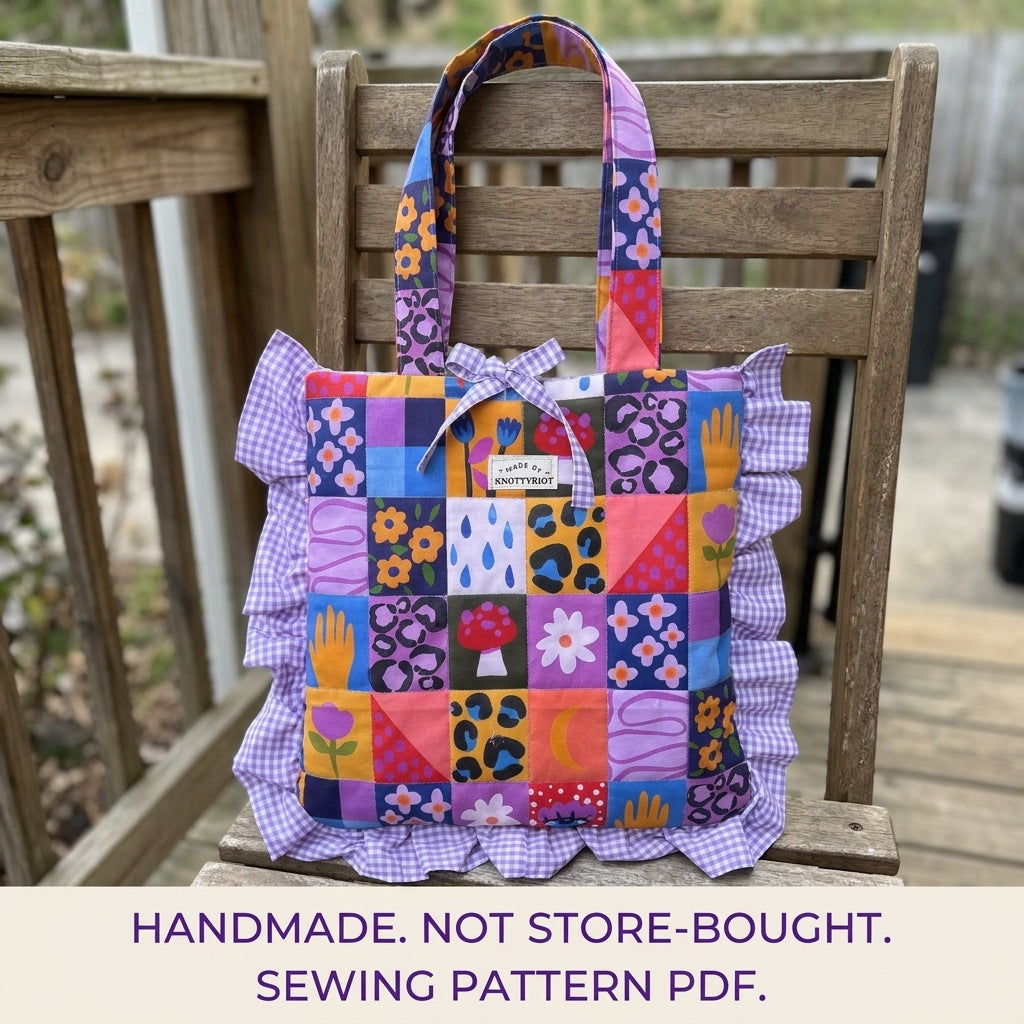 Ruffled Gingham Edge Tote Sewing Pattern PDF – Flat Tote with Ruffle Trim