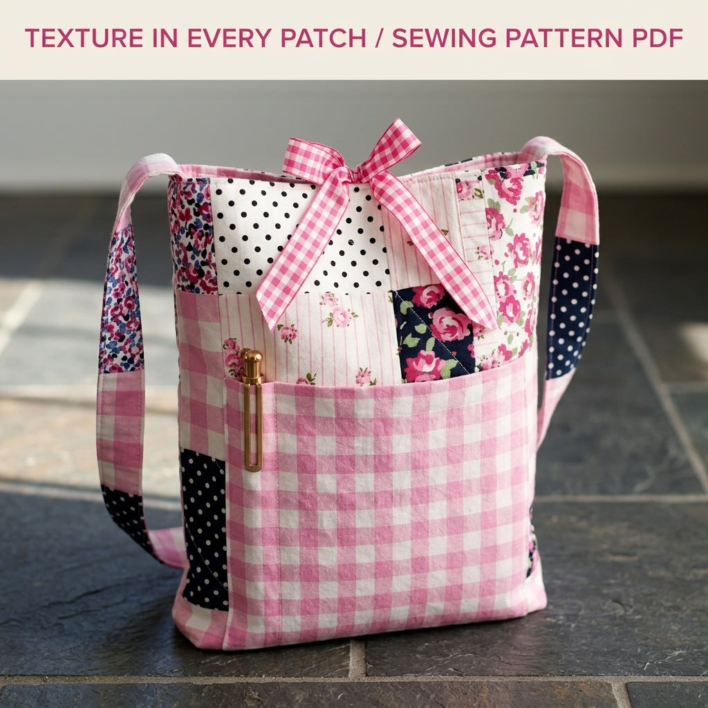 Pink Patchwork Pocket Tote Sewing Pattern PDF – Floral Tote with Gingham Pocket